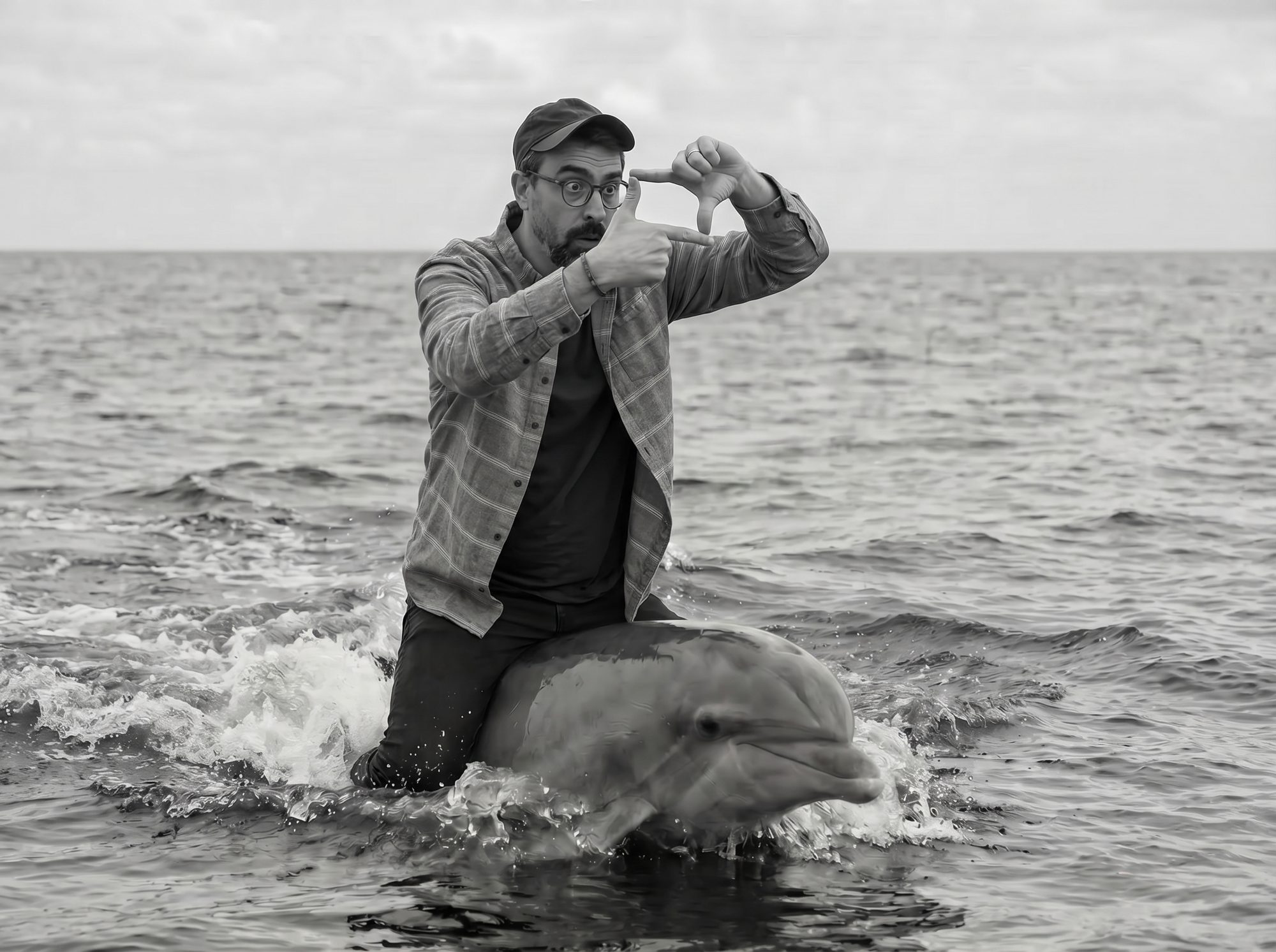 Will Felix Clark riding a dolphin out at sea, framing a shot with his hands