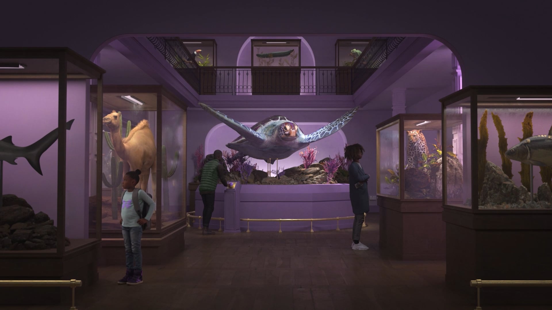 A purple-lit natural history museum