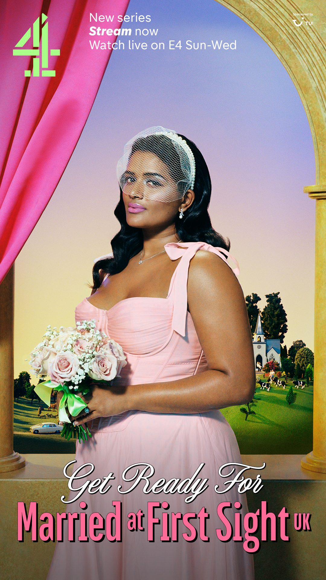 Bride in blush pink with a birdcage veil