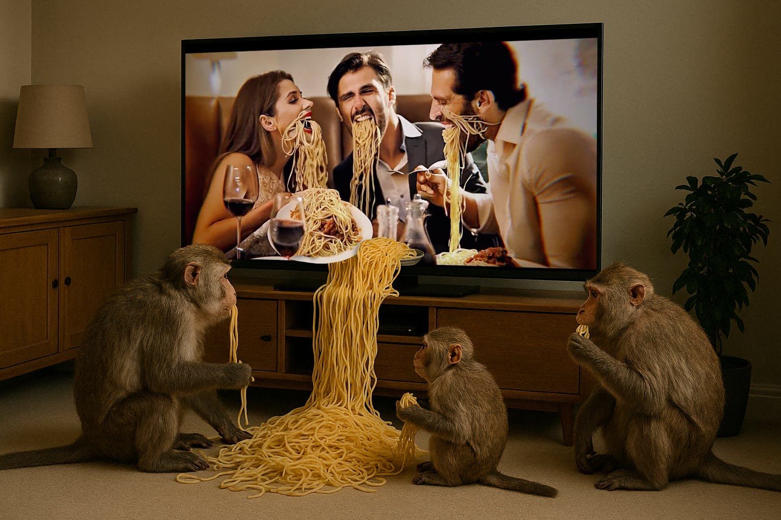Three monkeys eat spaghetti that pours out of a TV showing a couple and a third man on a dinner date
