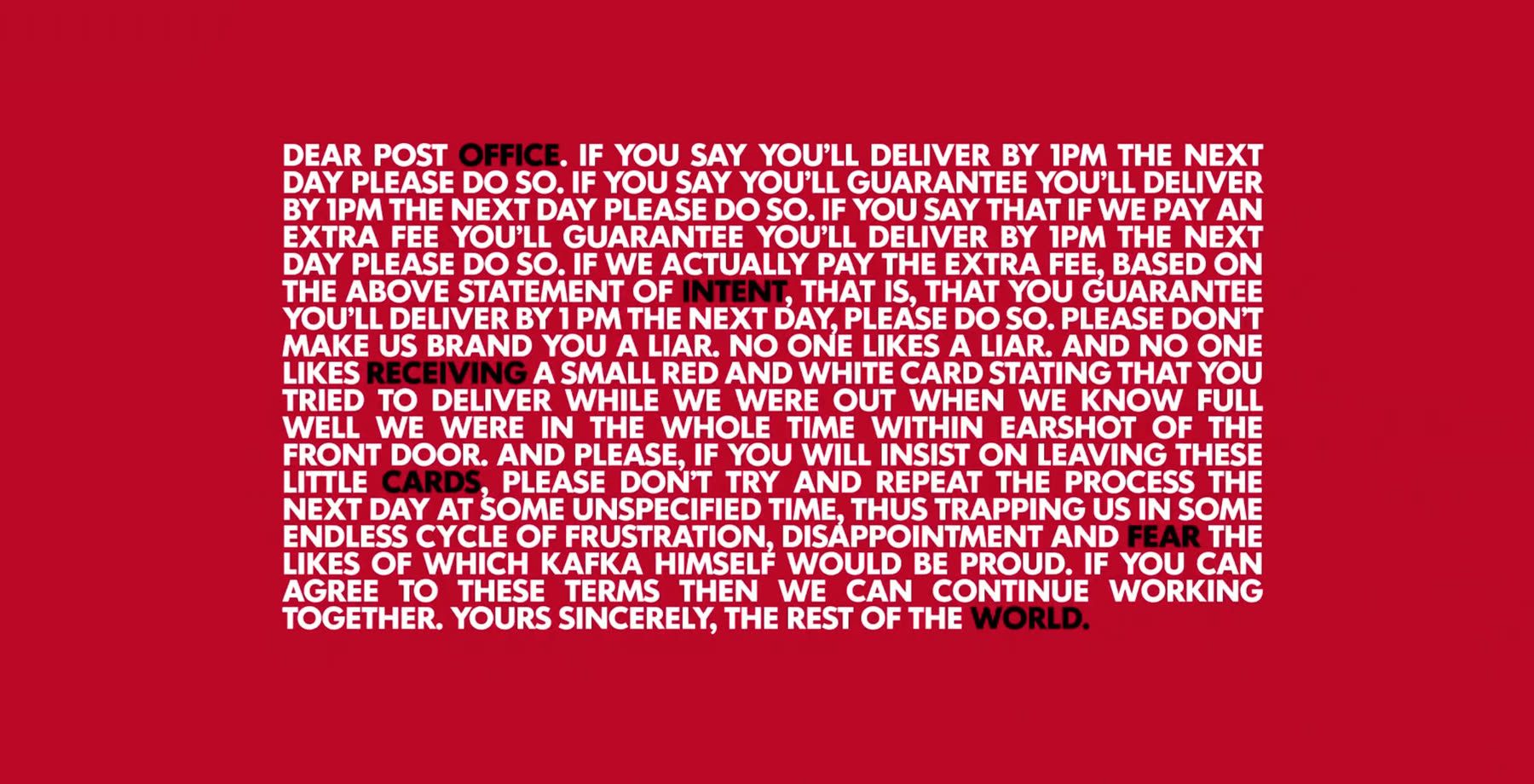 A red Comedy Central card of dense white capitals addressed to the Post Office